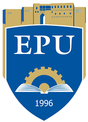 Logo of EPU in the form of a shield, narrowing at the bottom, traditional buildings at the upper side, text: 1996