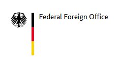 The eagle, the heraldic animal of the Federal Republic of Germany, a bar in the colours black, red and yellow, the text "Federal Foreign Office"