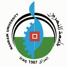 Circular logo, colors: green, blue and black, Arabic characters, text in English: "Nahrain University, Iraq, 1987" in capital letters