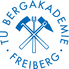 Circular seal with the crossed symbols of mining and metallurgy, text: "TU Bergakademie Freiberg"