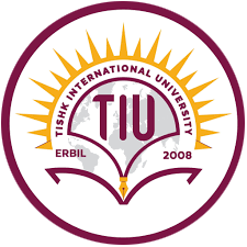 Circular logo with an yellow aureole, text: "Tishk International University, Erbil, 2008" in capital letters