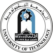 Circular logo with white background, black lines and text, light blue graphical elements in the shape of a tower, icon of a gear wheel, Arabic letters, English text: "University of Technology" in capital letters