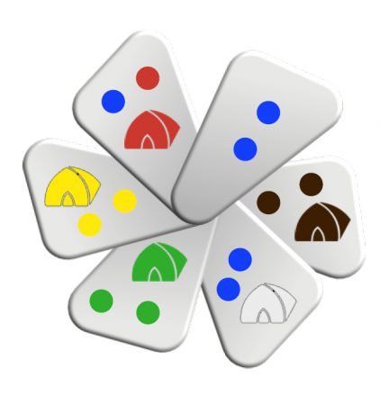 A fan-like object made of six rounded triangles, on each level there are coloured circles and a tent, colours: black, white, green, yellow, red and blue. 
